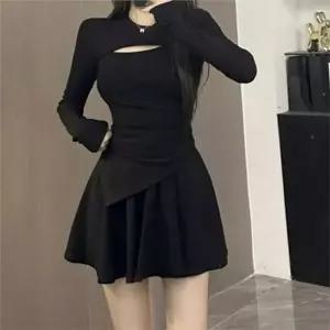 [라일리여성의류] Rly 슬림핏 긴 팔 원피스 플레어 가슴 트임 원피스