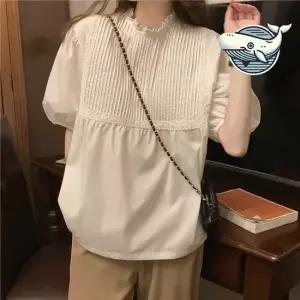셔링 퍼프소매 레이스 자수 화이트 블라우스 여름블라우스 여성블라우스 카라블라우스