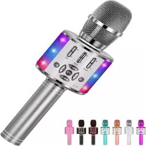 Amazmic 노래방 마이크 기계 장난감 블루투스 휴대용 무선 LED 조명 성인 생일 파티 선물 홈 KTV 그레이