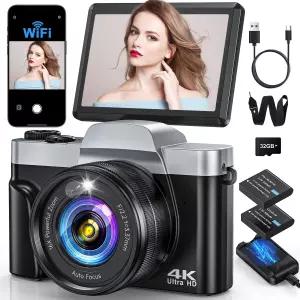 4K 디지털 카메라 WiFi 64MP 자동 초점 블로깅 사진 촬영용 컴팩트 여행용 3인치 80 플립 스크린 6배 줌