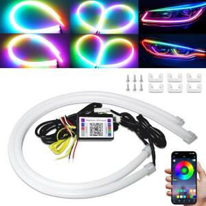 자동차 SUV 오토바이용 순차 스위치백 DRL LED 스트립 라이트, 24인치 RGB 멀티 컬러 12V 주간 주행등, 유연한 튜브 방향 지시등 APP 블루투스 제어 2팩