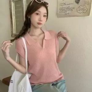 친절한탄씨 V라인 골패턴 폴로카라니트탑 트렌디 크롭니트 브이넥니트 카라니트 골지니트 여름니트