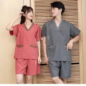 커플 황토찜질복 세트 찜질방바지 마사지복 고급 빅사이즈