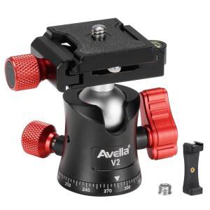 Avella V2 프로페셔널 메탈 360도 회전 볼 헤드, 1/4인치 퀵 릴리스 플레이트 및 버블 레벨, 최대 11파운드/5kg, 삼각대, 모노포드, 슬라이더, DSLR 카메라, 캠코더용