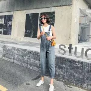 셀럽하우스 여자 포켓 9부 데님 청 멜빵 바지 오버롤 어깨끈 조절