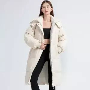셀럽하우스 무릎 기장 소매 시보리 하이넥 후드 롱패딩
