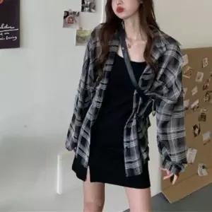 셀럽하우스 끈 오버핏 루즈핏 체크남방 미니원피스 체크셔츠 세트