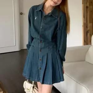 데님스커트원피스 여성 데님 셔츠 원피스 긴팔 플리츠치마 청 2색