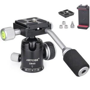 핸들 ARTCISE 올 메탈 CNC 볼 헤드, 퀵 릴리스 플레이트 2개와 삼각대, 모노포드, DSLR, 캠코더, DV, 망원경, 헌팅 맥스 로드 22파운드 / 10kg용 휴대폰 클립 포함