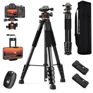 K&F 컨셉 75인치/190cm 카메라 삼각대, 경량 여행용 야외 DSLR 360도 볼 헤드 적재 용량 8kg/17.6파운드, 휴대폰 클립 및 스마트폰용 리모컨 S255A3+BH-36