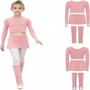 이지이프 걸스 댄스 연습복 발레 크롭탑 옆트임 스커트와 레그 워머 워밍업 트레이닝복 핑크 23년