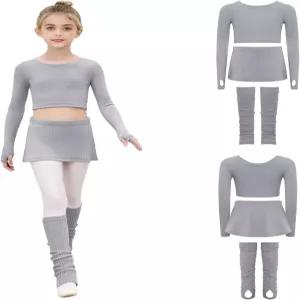 이지이프 걸스 댄스 연습복 발레 크롭탑 옆트임 스커트와 레그 워머 워밍업 트레이닝복 그레이 23년