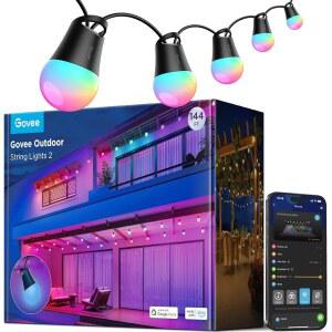 고비 스마트 야외 스트링 라이트 2, 144피트 조명, 디밍 가능한 따뜻한 흰색 LED 전구, 파티오, 뒷마당, 발코니, IP65 방수를 위한 47가지 장면 모드, 알렉사, 앱 컨트롤과 함께 작동합니다