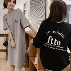 [하프클럽/]영문 레터링 라운드 반팔 원피스 옆트임