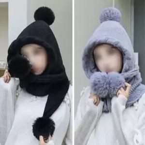 [하프클럽/]융털 방울 후드 넥워머 여성용 겨울모자 방한 목도리