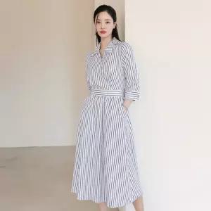 시크라인 (~XXL까지) 코라이 스트라이프 뒷밴딩 플레어 원피스 봄 가을 하객룩 오피스룩 데이트 모임 미시