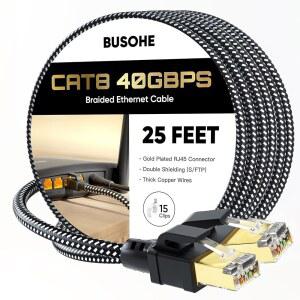 BUSOHE CAT 8 이더넷 케이블 25피트 고속 40GBPS 2000MHZ 브레이드 네트워크 인터넷 케이블(골드 도금 RJ45 커넥터 포함) 라우터 /게임 /PC용 헤비 듀티 LAN S /FTP UV 저항성 클립 15개