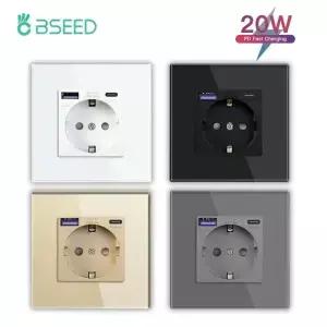 BSEED 20W PD 벽 소켓 EU Typec USB 고속 충전 포트 이중 전원 콘센트 삼중 전기 유리 패널