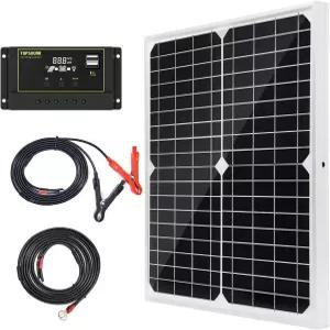 탑솔라 태양광 패널 키트 20W 12V 단결정 10A 충전 컨트롤러 배터리 클립이 있는 확장 케이블 RV 해상 보트