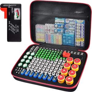 BT-168 테스터가 장착된 ALKO 배터리 정리함 보관 케이스 - 225개의 AA AAA C 셀 9V 3V 리튬 가정 차고 및