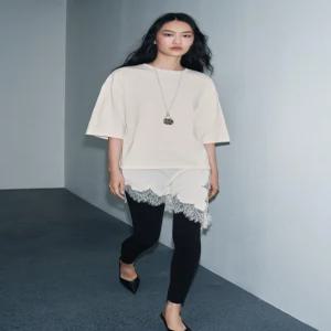 ZARA 레이스 콤비 티셔츠 - 크림 4813/858/712