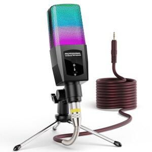 다기능 콘덴서 마이크 RGB 라이트 게이밍 3.5mm XLR PC / 노트북 오디오 인터페이스 믹서 사운드 카드용 플러그 앤 플레이 팟캐스트 스트리밍 노래용 카디오이드 스튜디오 녹음