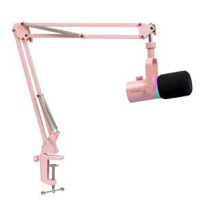 FEELWORLD PM1 XLR USB 다이내믹 마이크 붐 암 선물 - 팟캐스트 녹음 PC 컴퓨터 게임 라이브 스트리밍 보컬 보이스 오버 스튜디오 메탈 RGB 라이트 음소거 버튼 헤드폰 잭 (핑크 분홍색)