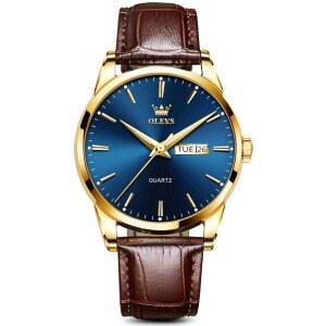 OLEVS 남성 시계 브라운 가죽 밴드 원피스 쿼츠 방수 손목 38MM 골드 케이스 읽기쉬운 날짜 비즈니스 캐주얼 릴로제스 파라 홈브르 선물