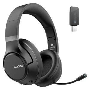 마이크로폰 포함 COOSII H300 무선 헤드폰 USB 동글 음소거 기능 오버이어 블루투스 헤드셋 환경 소음 제거 직장 콜센터 노트북 컴퓨터용 접이식 마이크(블랙)