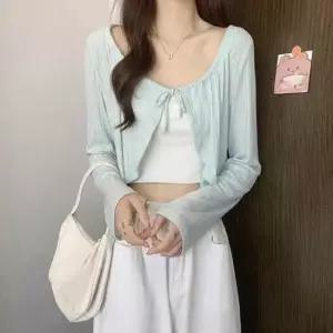 친절한탄씨 크롭 긴팔 골지 로브 스트링 포인트 네크라인 볼레로 가디건 예쁜가디건 홀가먼트가디건