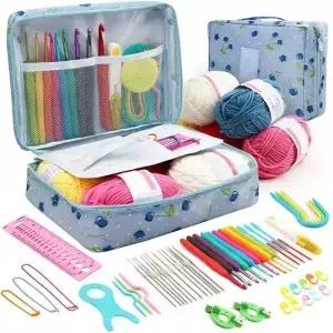 FELE 59종 휴대용 코바늘 뜨개질 세트 DIY 초보자용 키트 보관 가방 재료 팩 및 도구
