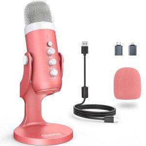 PC Mac용 ZealSound 팟캐스트 마이크 볼륨이 있는 노이즈 캔슬링 USB 음소거 에코 제어 무지연 모니터링 ASMR 팟캐스팅 보컬 녹음 음성 오버 - K66 핑크 분홍색