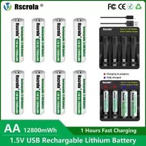Rscrola 충전식 1.5V AA 12800mWh 이온 배터리 Cama 시계 마우스 팬 전기 용 충전기로 빠른
