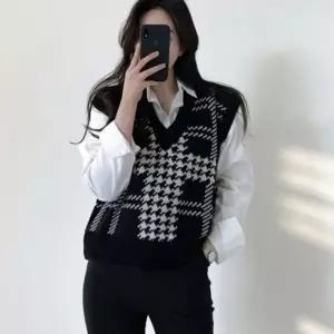 체크 여성 니트 조끼 여자 브이넥 크롭 니트 베스트