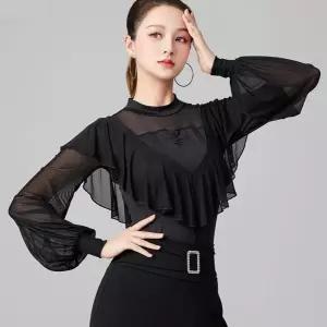 라인댄스상의 댄스복 시스루 상의탑 실크 라틴댄스복 반팔 블랙 긴팔 의상