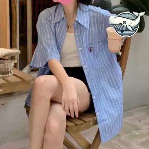 여름 감각 시원한 스트라이프 하늘색 반팔 남방 여자여름셔츠 언발셔츠 절개셔츠