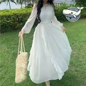 여성용 쉬폰 플레어 롱드레스 소매 시스루 끈나시원피스 멜빵원피스 셔츠원피스