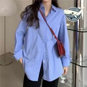 봄가을 캐주얼 스트라이프 오버핏 블루 셔츠 여자가을셔츠 언발셔츠 절개셔츠