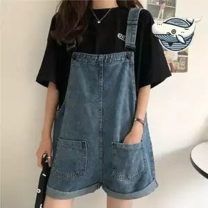 청바지 롤업 멜빵 반바지 여름 스타일 데님 멜빵반바지 와이드데님팬츠 여성블랙진