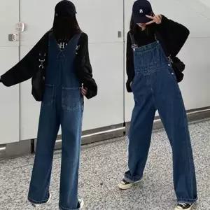 여자 진청 멜빵바지 오버롤 데님 이우 통바 차머