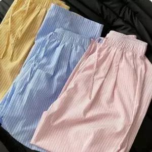 여성 스트라이프 와이드 파자마 바지 밴딩 쿨바지 여름 홈웨어 잠옷