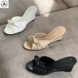 [애슬릿] 리본 뮬 슬리퍼 사이드 매듭 발편한 통굽 웨지 키높이 7cm
