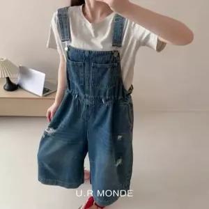 [유아몽드]귀여운 허리스트링 와이드 청멜빵바지 여성 데미지 찢