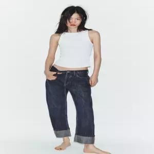 ZARA TRF 미드라이즈 폴드업 스트레이트 청바지 - 다크 인디고 4730/039/443 283025