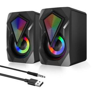 데스크톱용 리보쿤 컴퓨터 스피커, 볼륨 조절 PC 스테레오 RGB USB 노트북 미니 조명이 구동 있는 3.5MM 입력 스피커 2.0 보조 모니터용 및 LED
