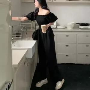 셀럽하우스 스모크 허리 밴딩 패미닉한 여성 와이드 점프수트