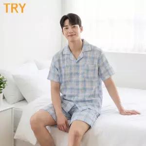 트라이 남성 K14 시어서커 반팔 반바지 파자마세트 여름 잠옷 지지미 체크 홈웨어 시