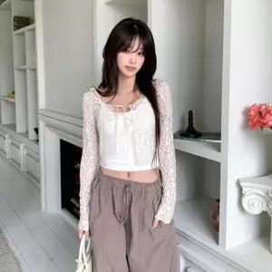 [옷자락] 여자 여리핏 레이스 플라워 리본 디테일 간절기 가디건
