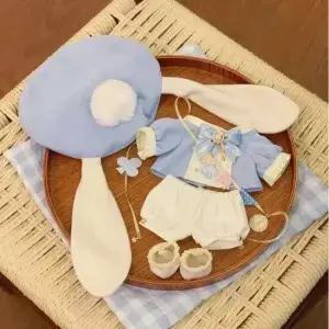 20CM 면 인형 옷 파란색 학교 스타일 의상 긴 귀 토끼 모자 귀여운 드레스 업 액세서리