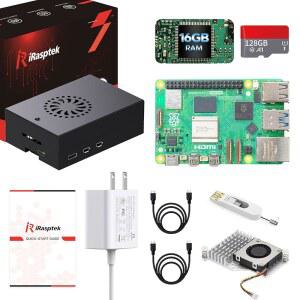 IRASPTEK 라즈베리 파이 5 16GB RAM용 사전 OS가 (알루미늄 스타터 케이스) 에디션 로드됨 - 128GB 키트